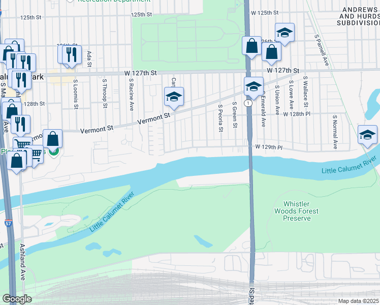 map of restaurants, bars, coffee shops, grocery stores, and more near 1005 West 129th Place in Chicago
