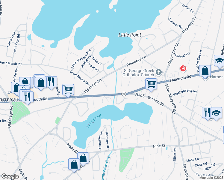 map of restaurants, bars, coffee shops, grocery stores, and more near 30 Crosby Road in Barnstable
