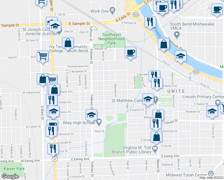 map of restaurants, bars, coffee shops, grocery stores, and more near 629 East Indiana Avenue in South Bend