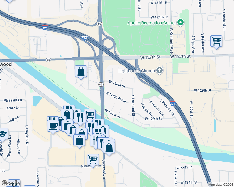 map of restaurants, bars, coffee shops, grocery stores, and more near 4714 West 128th Place in Alsip