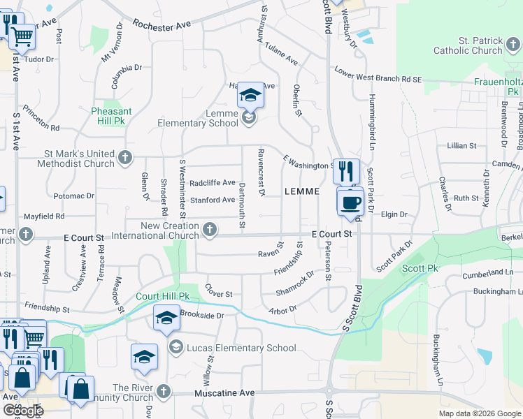 map of restaurants, bars, coffee shops, grocery stores, and more near 3206 Raven Court in Iowa City