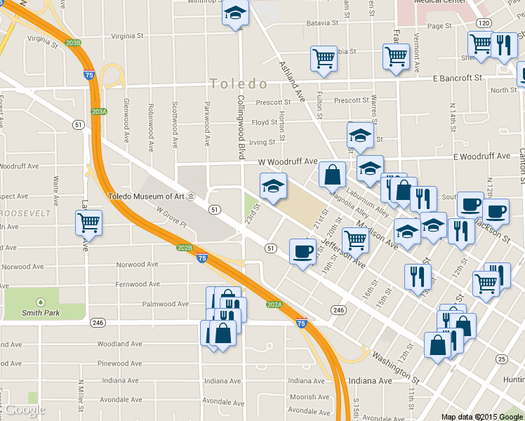 map of restaurants, bars, coffee shops, grocery stores, and more near 2231 Jefferson Avenue in Toledo