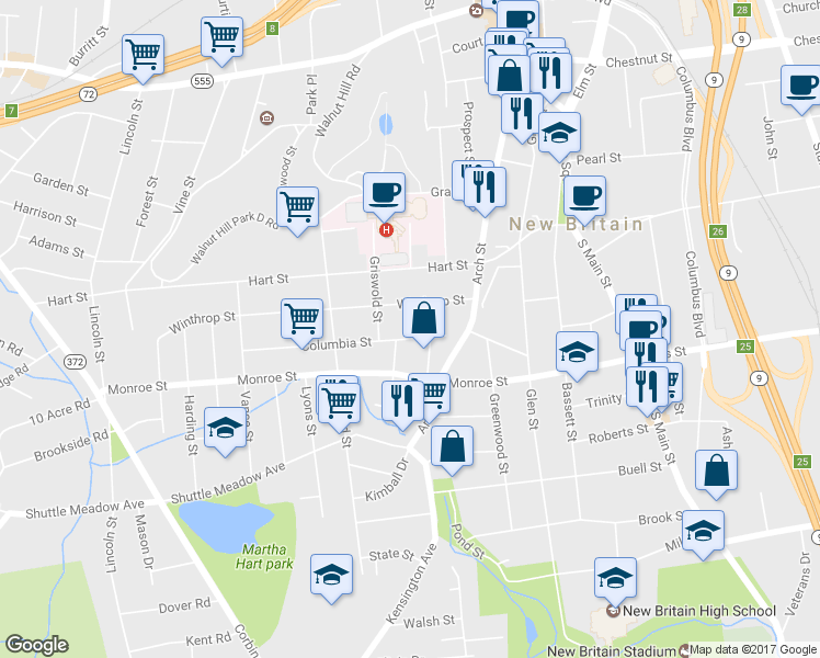 map of restaurants, bars, coffee shops, grocery stores, and more near 61 Columbia Street in New Britain