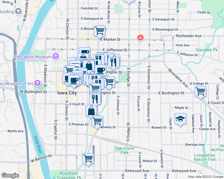 map of restaurants, bars, coffee shops, grocery stores, and more near 504 East Burlington Street in Iowa City