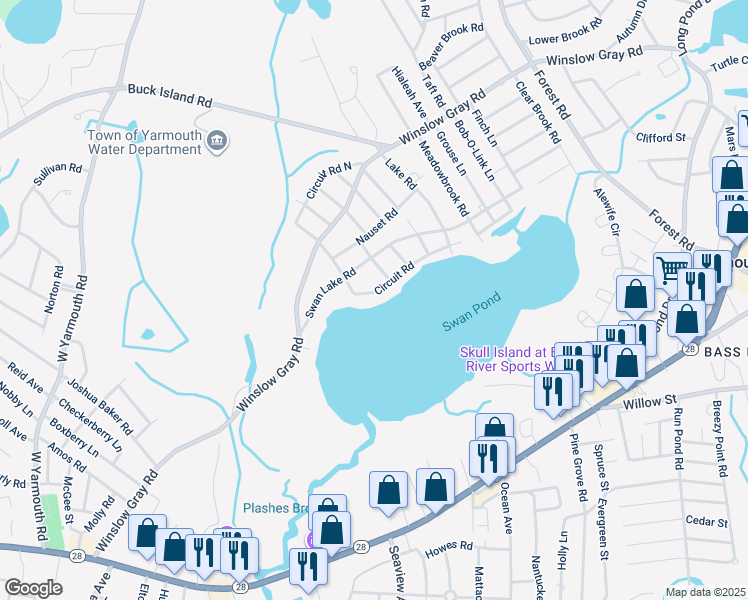 map of restaurants, bars, coffee shops, grocery stores, and more near 23 Circuit Road in Yarmouth