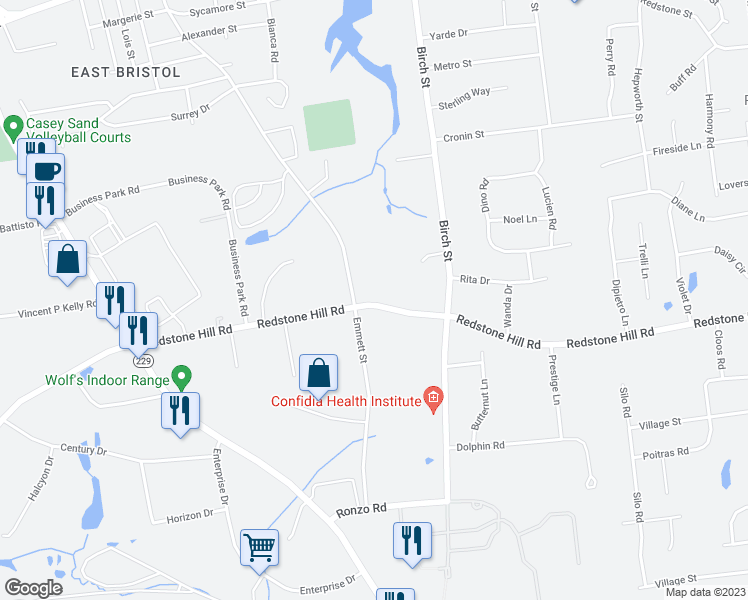 map of restaurants, bars, coffee shops, grocery stores, and more near 279 Redstone Hill Road in Bristol