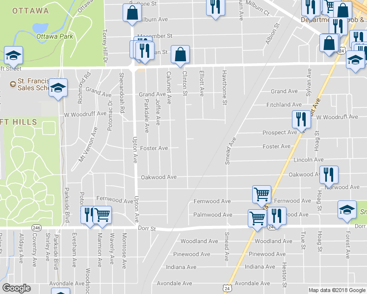 map of restaurants, bars, coffee shops, grocery stores, and more near 1831 Clinton Street in Toledo