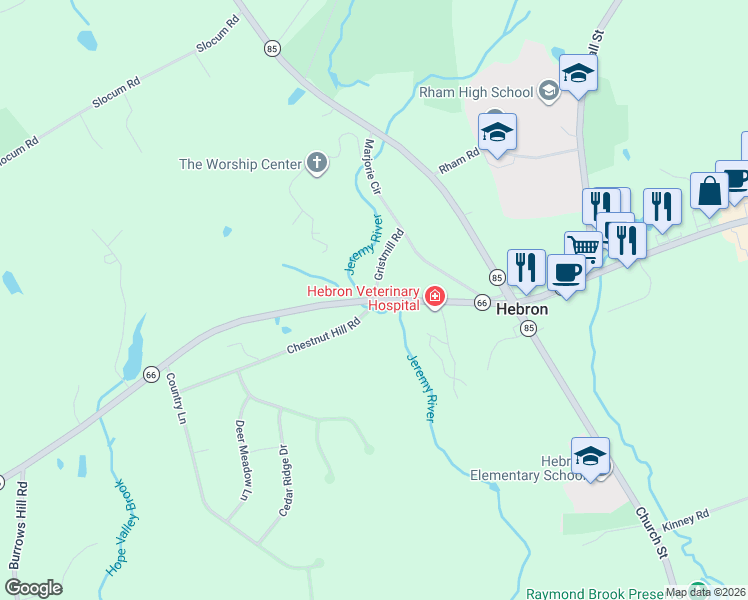 map of restaurants, bars, coffee shops, grocery stores, and more near 1 Chestnut Hill Road in Hebron