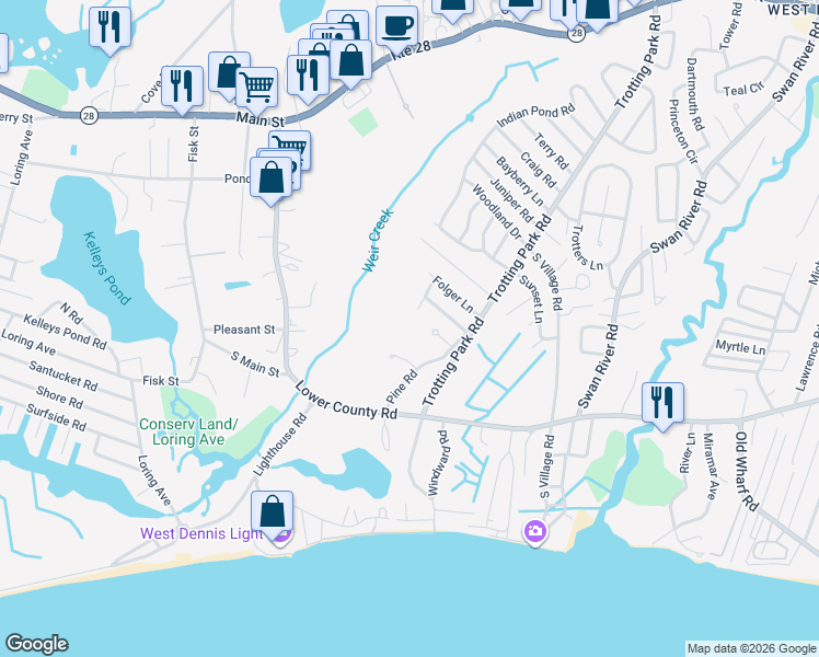 map of restaurants, bars, coffee shops, grocery stores, and more near 25 Bevins Court in Dennis