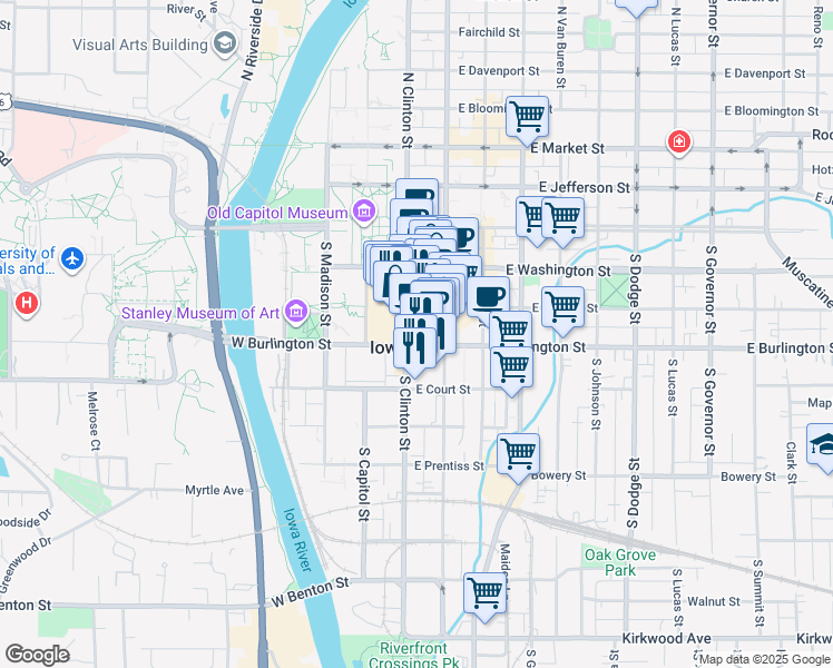 map of restaurants, bars, coffee shops, grocery stores, and more near 102 East Burlington Street in Iowa City