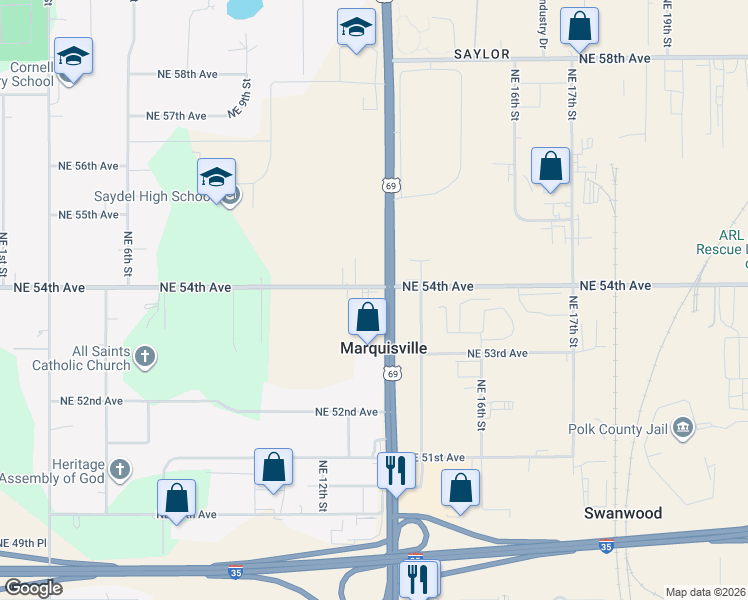map of restaurants, bars, coffee shops, grocery stores, and more near 5368 Northeast 14th Street in Des Moines