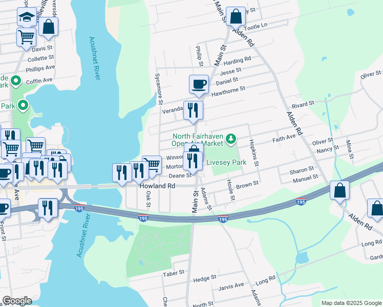 map of restaurants, bars, coffee shops, grocery stores, and more near 23 Winsor Street in Fairhaven