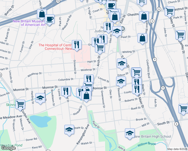 map of restaurants, bars, coffee shops, grocery stores, and more near 1 Columbia Street in New Britain