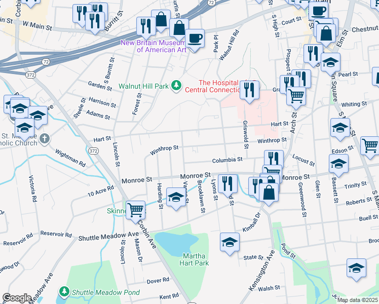 map of restaurants, bars, coffee shops, grocery stores, and more near 58 Vance Street in New Britain