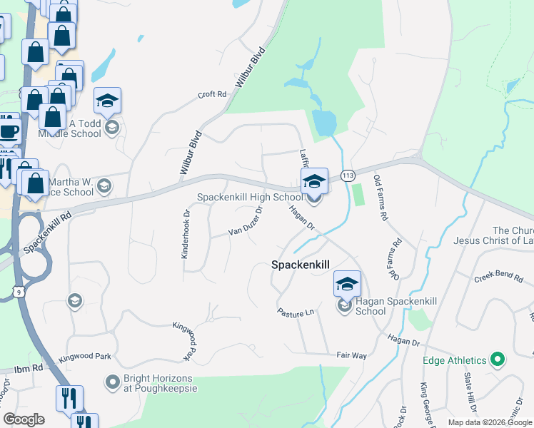 map of restaurants, bars, coffee shops, grocery stores, and more near 12 Van Duzer Drive in Poughkeepsie