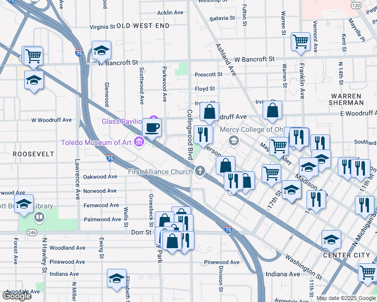 map of restaurants, bars, coffee shops, grocery stores, and more near 2231 Jefferson Avenue in Toledo