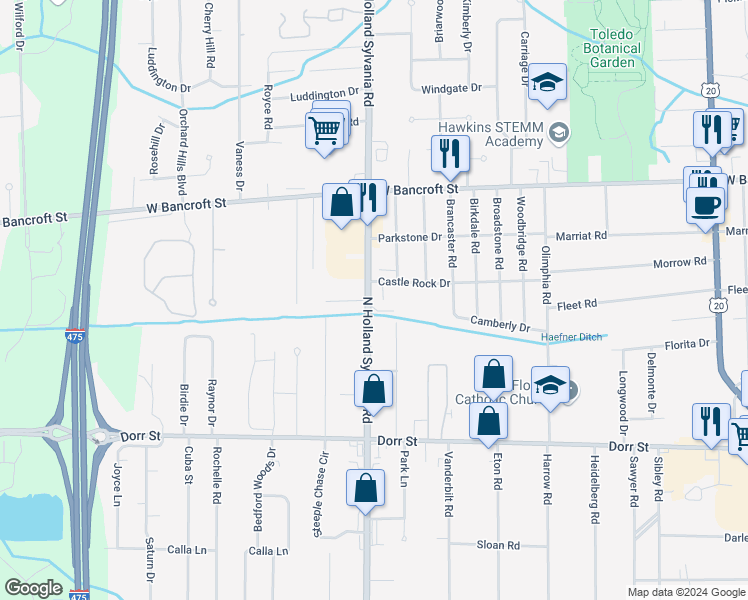 map of restaurants, bars, coffee shops, grocery stores, and more near 1934 North Holland Sylvania Road in Toledo