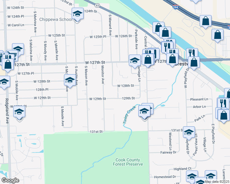 map of restaurants, bars, coffee shops, grocery stores, and more near 12817 Hill Drive in Crestwood