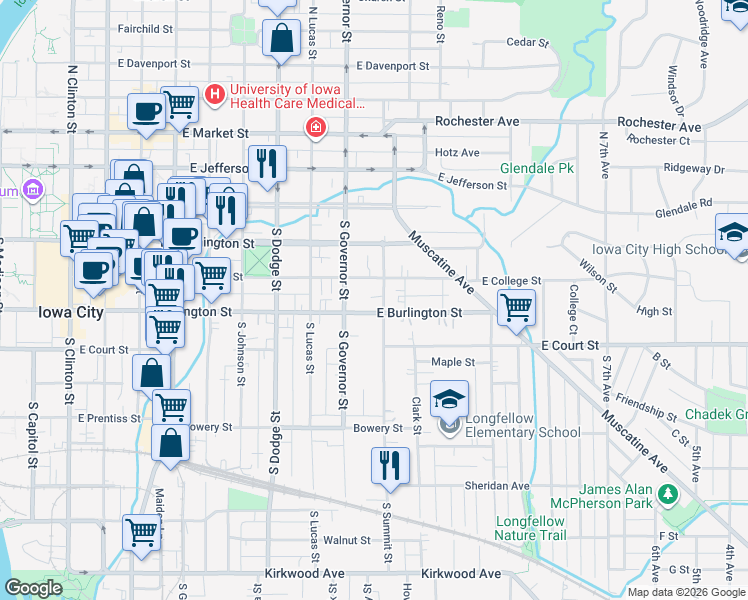 map of restaurants, bars, coffee shops, grocery stores, and more near 252 South Summit Street in Iowa City