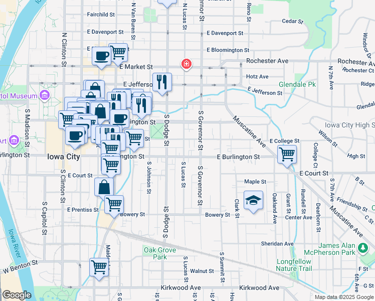 map of restaurants, bars, coffee shops, grocery stores, and more near 230 South Lucas Street in Iowa City