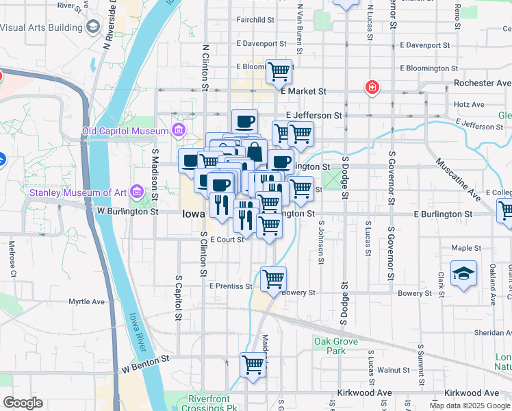 map of restaurants, bars, coffee shops, grocery stores, and more near 304 Historic US 6 in Iowa City