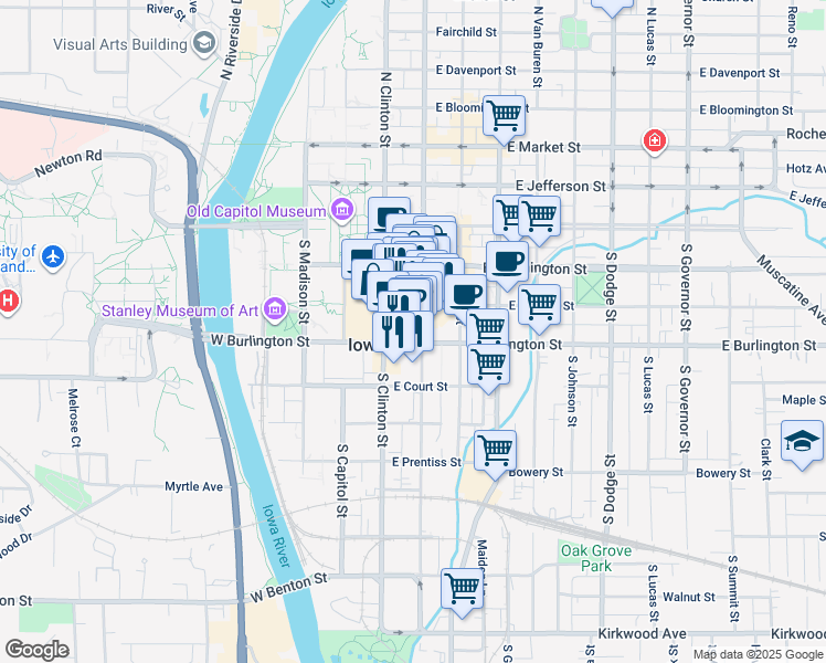 map of restaurants, bars, coffee shops, grocery stores, and more near 210 South Dubuque Street in Iowa City