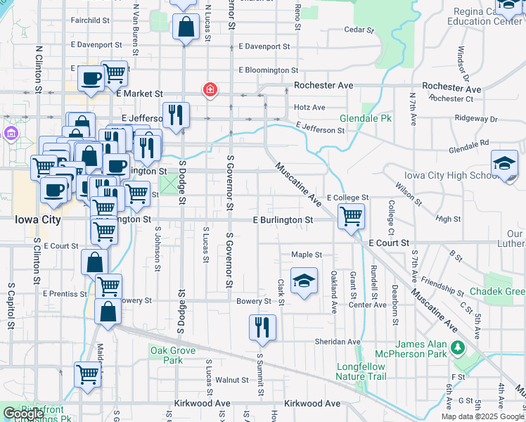 map of restaurants, bars, coffee shops, grocery stores, and more near 228 South Summit Street in Iowa City