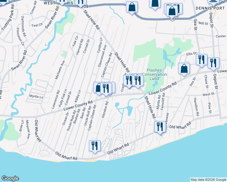 map of restaurants, bars, coffee shops, grocery stores, and more near 59 Holiday Lane in Dennis