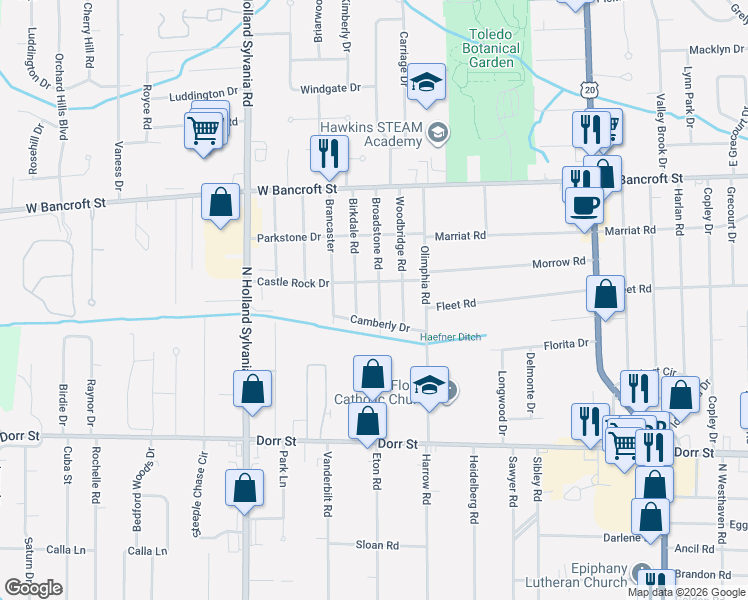 map of restaurants, bars, coffee shops, grocery stores, and more near 1927 Broadstone Road in Toledo