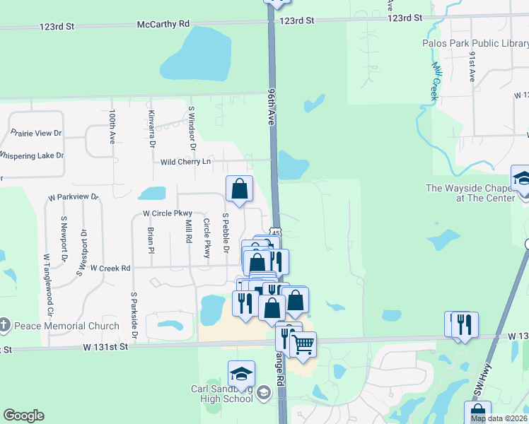 map of restaurants, bars, coffee shops, grocery stores, and more near 18 Laughry Lane in Palos Park