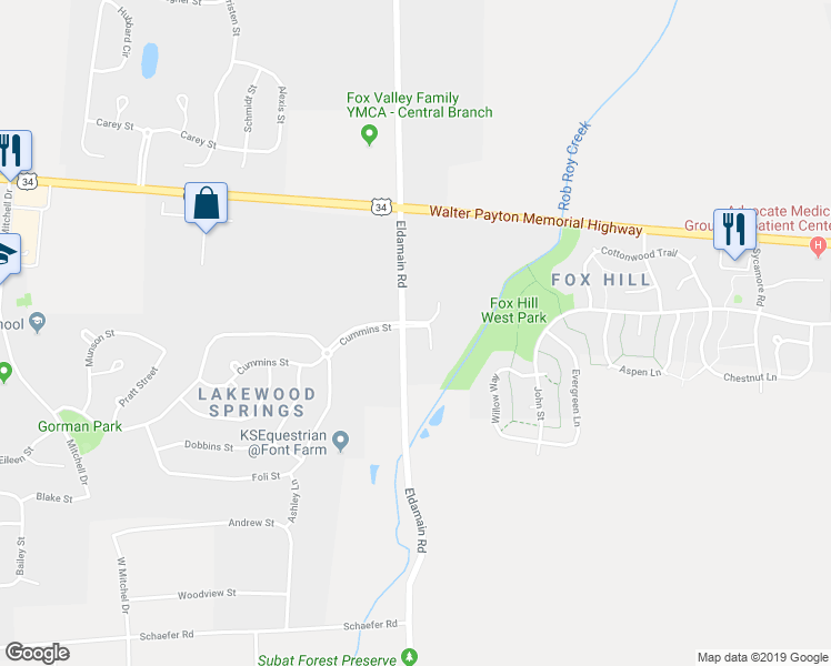 map of restaurants, bars, coffee shops, grocery stores, and more near 1385 Carolyn Court in Yorkville