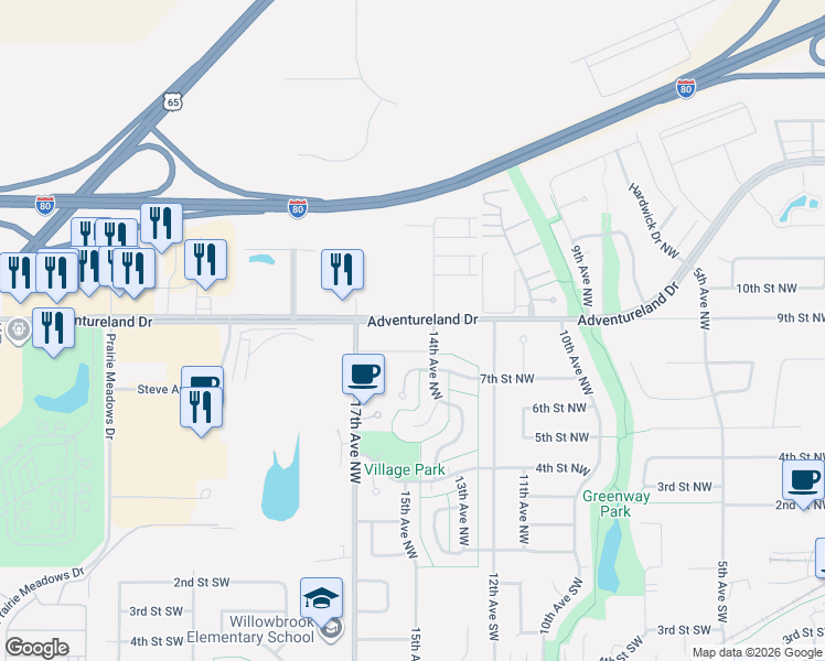 map of restaurants, bars, coffee shops, grocery stores, and more near 1414 Adventureland Drive in Altoona