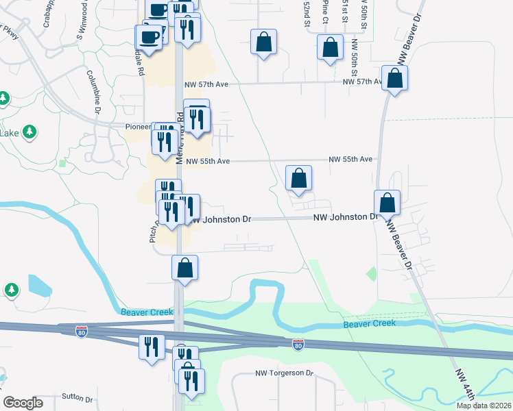 map of restaurants, bars, coffee shops, grocery stores, and more near 5409 Northwest Johnston Drive in Johnston