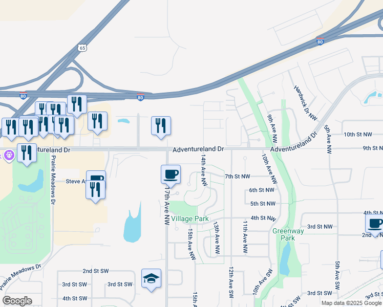 map of restaurants, bars, coffee shops, grocery stores, and more near 1414 Adventureland Drive in Altoona