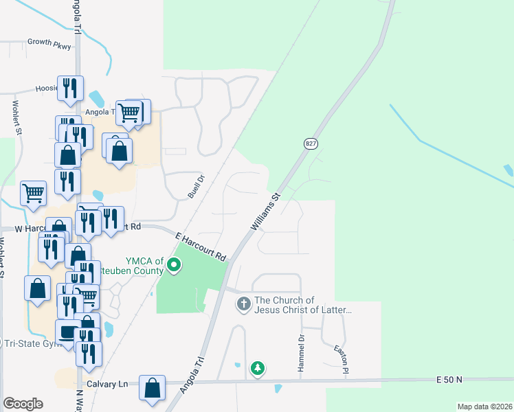 map of restaurants, bars, coffee shops, grocery stores, and more near 1055 Indiana 827 in Angola