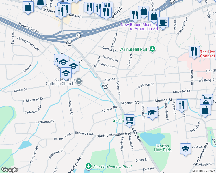 map of restaurants, bars, coffee shops, grocery stores, and more near 771 Corbin Avenue in New Britain