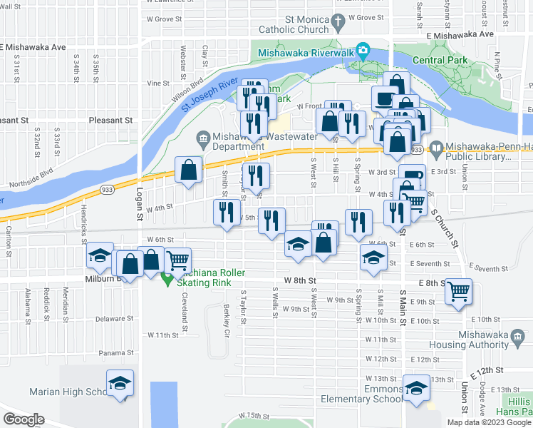 map of restaurants, bars, coffee shops, grocery stores, and more near 612 West 5th Street in Mishawaka