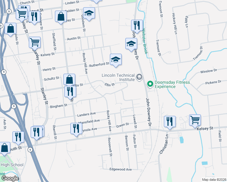 map of restaurants, bars, coffee shops, grocery stores, and more near 272 Bingham Street in New Britain