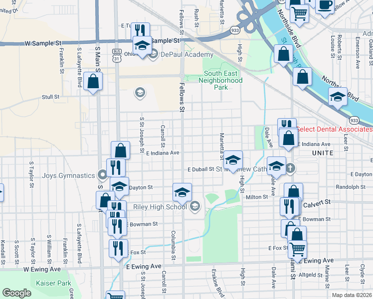 map of restaurants, bars, coffee shops, grocery stores, and more near 507 East Indiana Avenue in South Bend