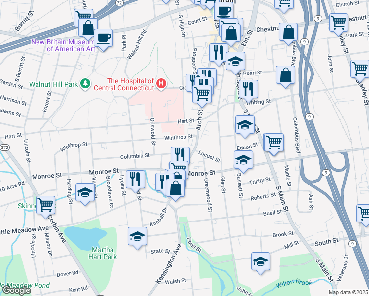 map of restaurants, bars, coffee shops, grocery stores, and more near 1 Columbia Street in New Britain