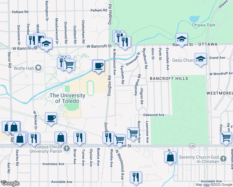 map of restaurants, bars, coffee shops, grocery stores, and more near 1826 North Westwood Avenue in Toledo