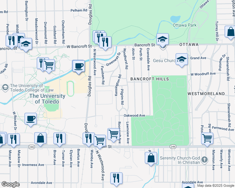 map of restaurants, bars, coffee shops, grocery stores, and more near 1765 Pilgrim Road in Toledo