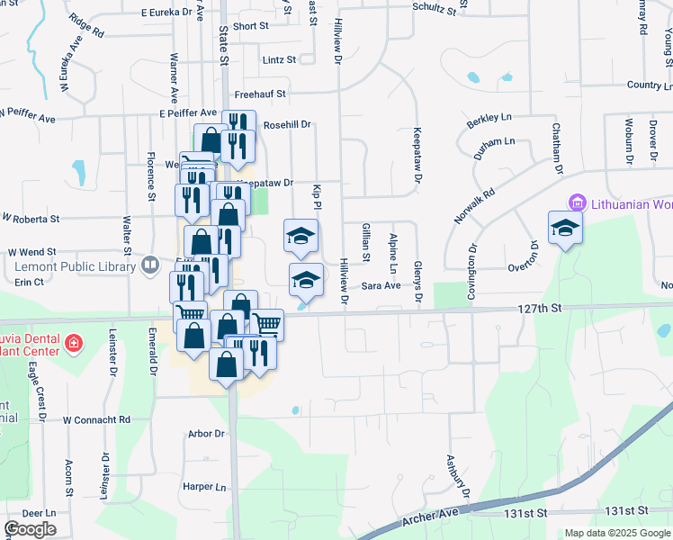 map of restaurants, bars, coffee shops, grocery stores, and more near 1218 Hillview Drive in Lemont