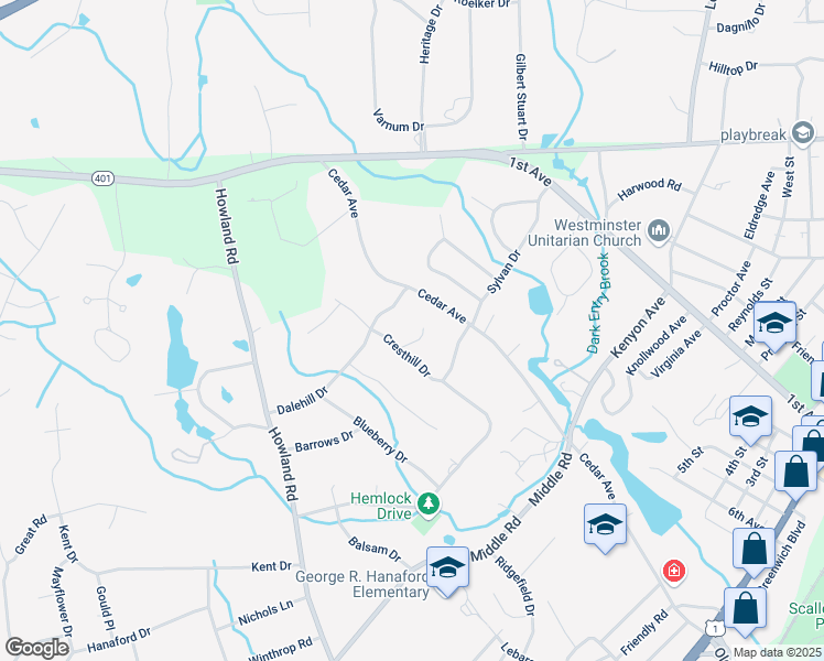 map of restaurants, bars, coffee shops, grocery stores, and more near 15 Gladridge Drive in East Greenwich