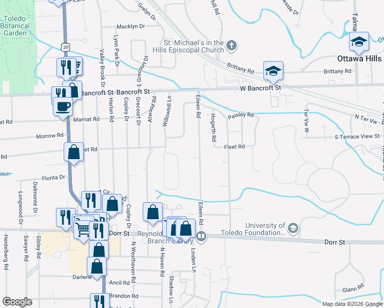 map of restaurants, bars, coffee shops, grocery stores, and more near 1908 Bobolink Lane in Toledo
