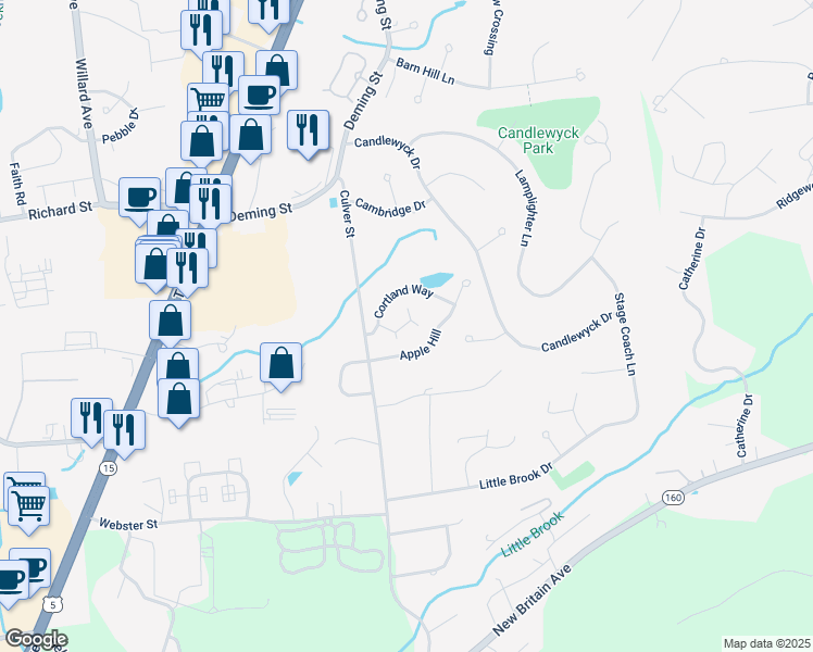 map of restaurants, bars, coffee shops, grocery stores, and more near 1 Baldwin Court in Newington
