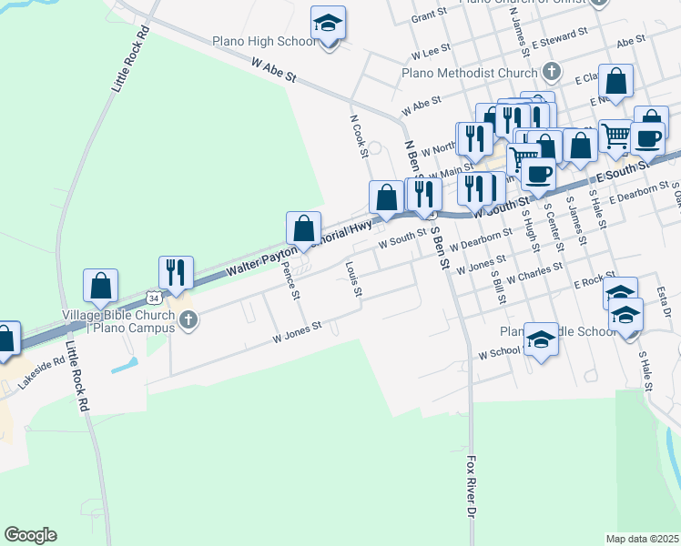 map of restaurants, bars, coffee shops, grocery stores, and more near 250 Louis Street in Plano
