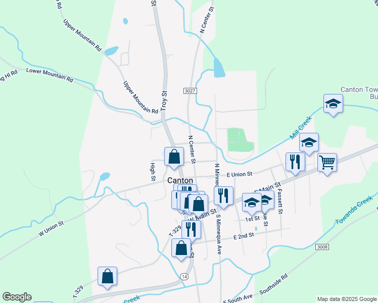 map of restaurants, bars, coffee shops, grocery stores, and more near 293 North Center Street in Canton