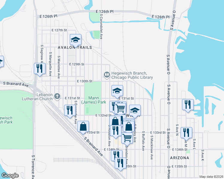 map of restaurants, bars, coffee shops, grocery stores, and more near 13036 South Baltimore Avenue in Chicago