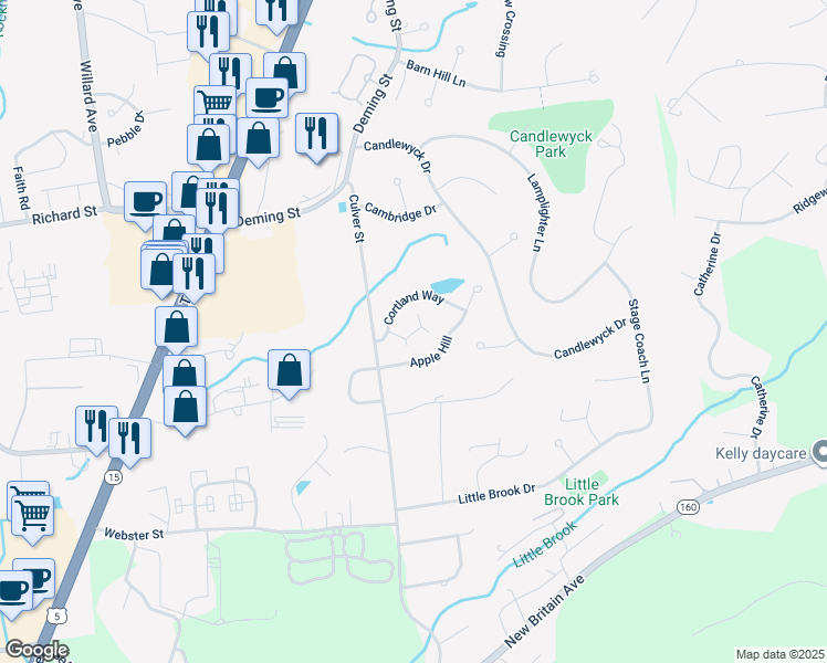 map of restaurants, bars, coffee shops, grocery stores, and more near Baldwin Court in Newington